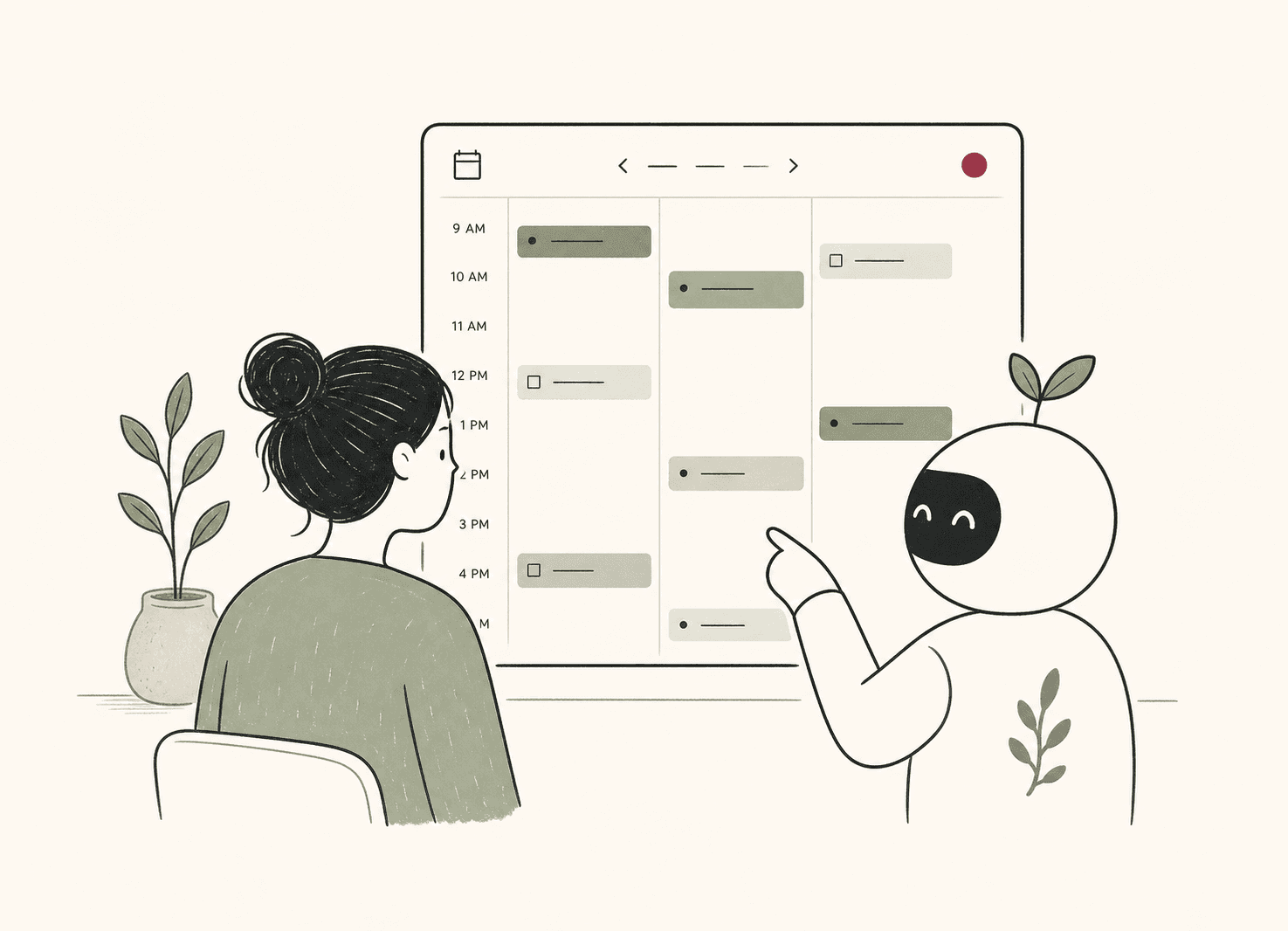 A person and an AI assistant viewing the same digital day calendar